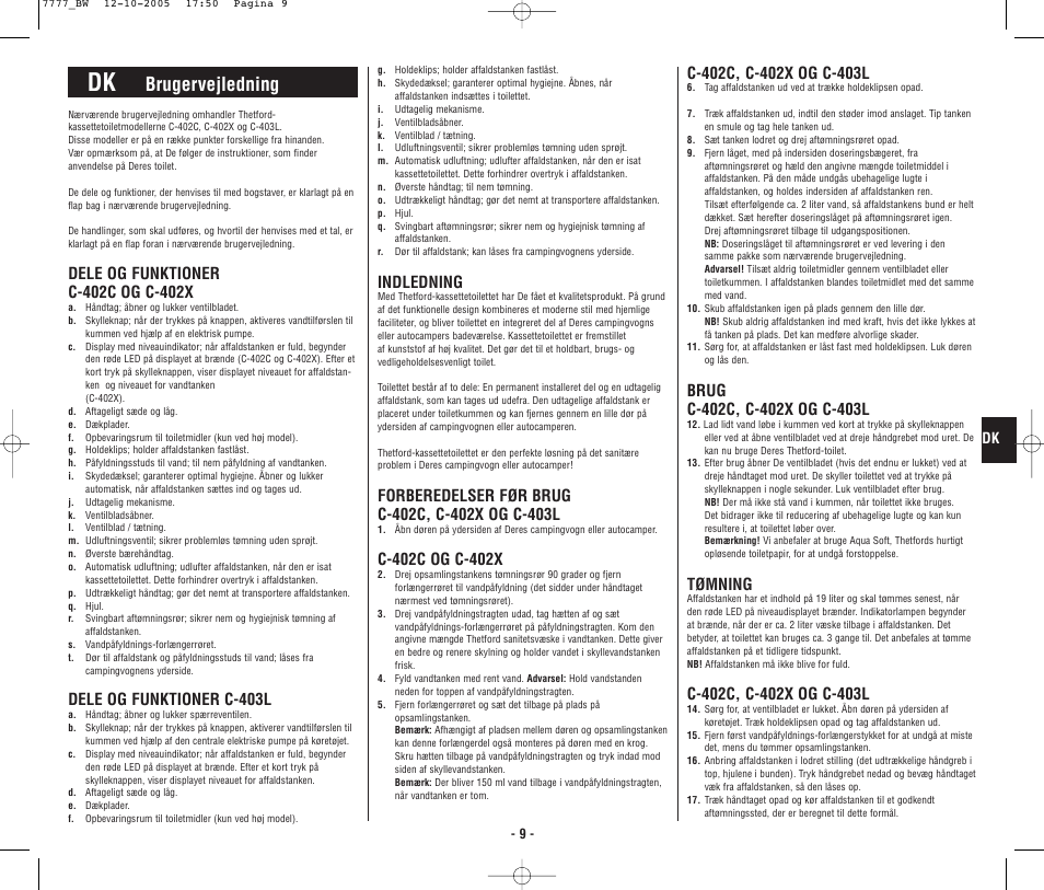 4948_bw.p9.pdf, Brugervejledning, Dele og funktioner c-403l | Indledning, Tømning | Thetford C403L Cassette User Manual | Page 10 / 26