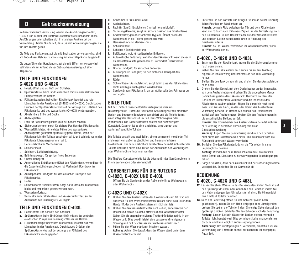 4948_bw.p11.pdf, Dgebrauchsanweisung, Teile und funktionen c-403l | Einleitung | Thetford C403L Cassette User Manual | Page 12 / 26