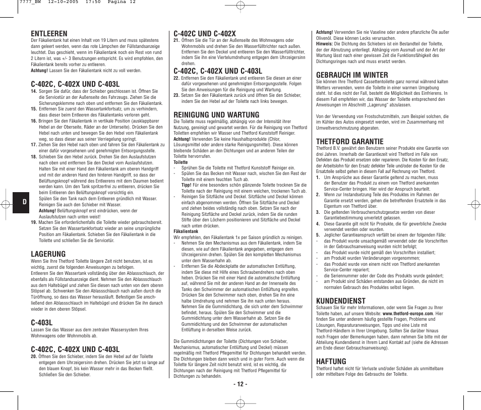 4948_bw.p12.pdf, Entleeren, Lagerung | C-403l, Reinigung und wartung, Gebrauch im winter, Thetford garantie, Kundendienst, Haftung | Thetford C403L Cassette User Manual | Page 13 / 26