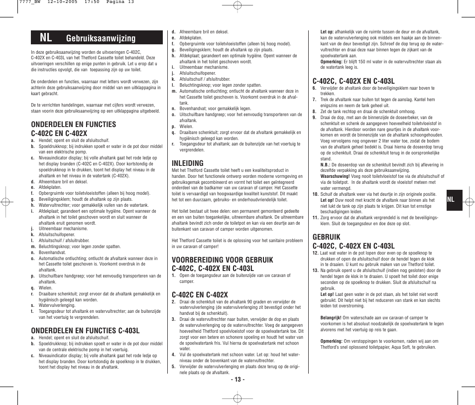 4948_bw.p13.pdf, Gebruiksaanwijzing, Onderdelen en functies c-403l | Inleiding | Thetford C403L Cassette User Manual | Page 14 / 26