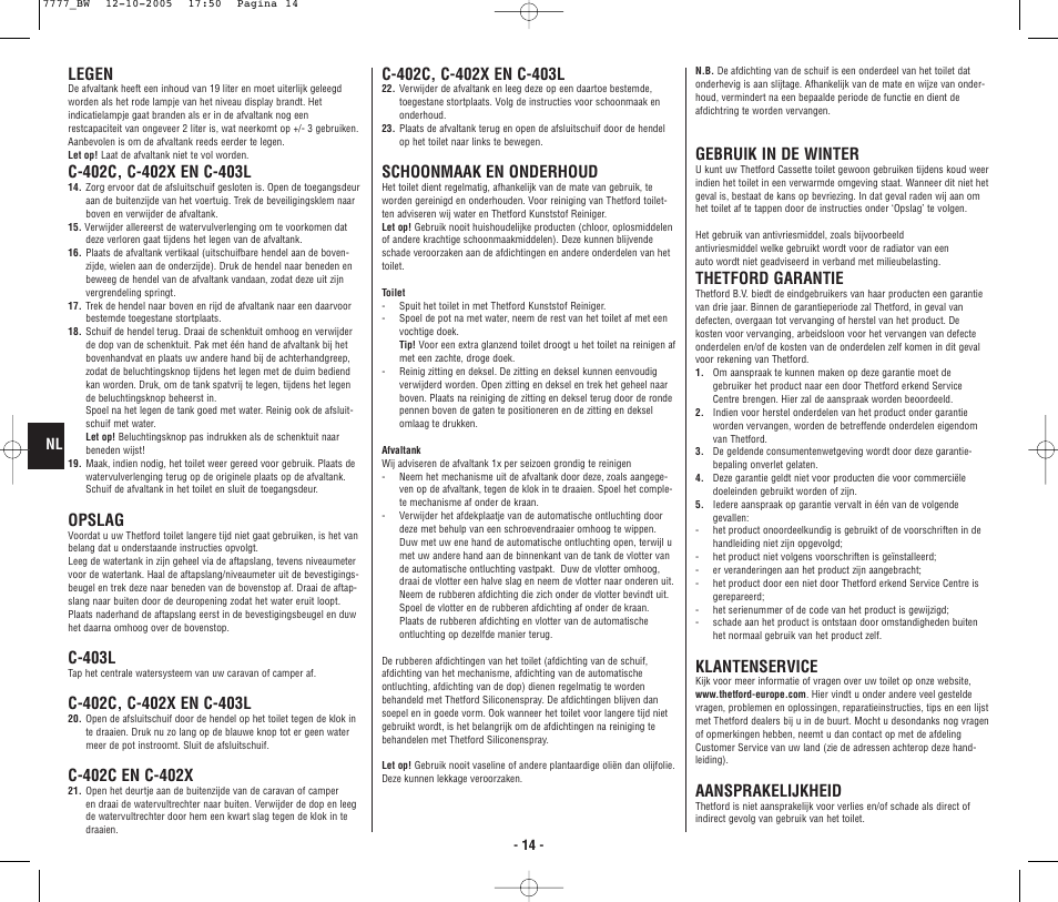 4948_bw.p14.pdf, Legen, Opslag | C-403l, Schoonmaak en onderhoud, Gebruik in de winter, Thetford garantie, Klantenservice, Aansprakelijkheid | Thetford C403L Cassette User Manual | Page 15 / 26