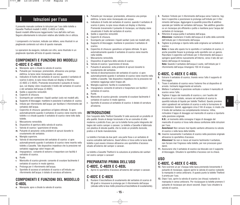 4948_bw.p15.pdf, Istruzioni per l’uso, Componenti e funzioni del modello c-403l | Introduzione | Thetford C403L Cassette User Manual | Page 16 / 26