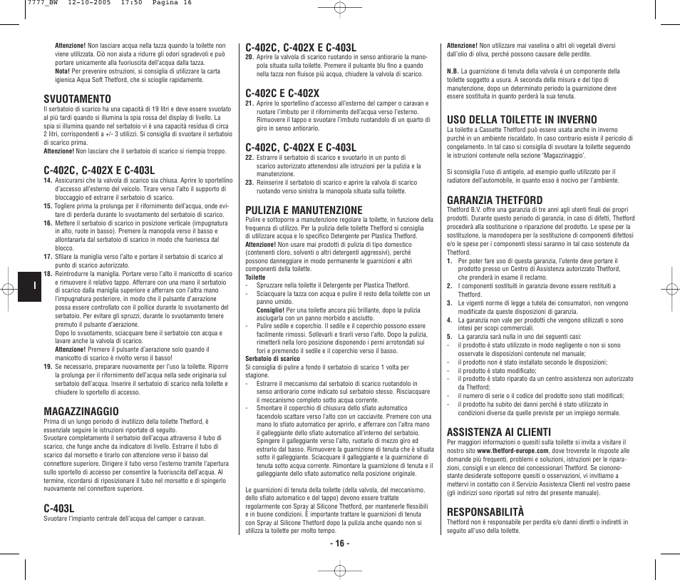 4948_bw.p16.pdf, Svuotamento, Magazzinaggio | C-403l, Pulizia e manutenzione, Uso della toilette in inverno, Garanzia thetford, Assistenza ai clienti, Responsabilità | Thetford C403L Cassette User Manual | Page 17 / 26