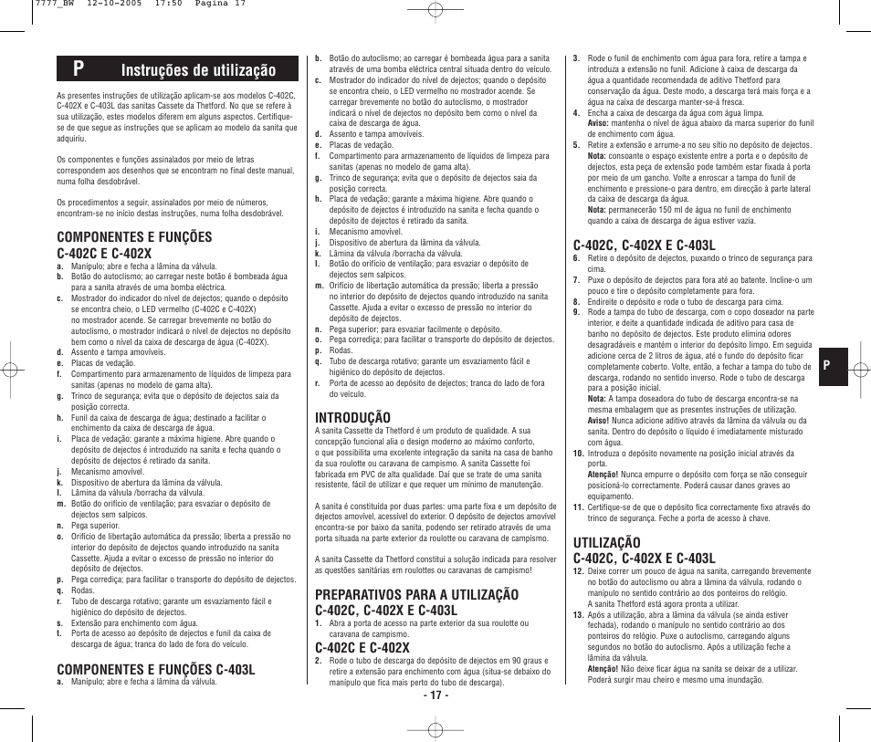 4948_bw.p17.pdf, Instruções de utilização, Componentes e funções c-403l | Introdução | Thetford C403L Cassette User Manual | Page 18 / 26