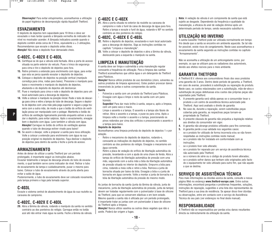 4948_bw.p18.pdf, Esvaziamento, Armazenamento | C-403l, Limpeza e manutenção, Utilização no inverno, Garantia thetford, Serviço de assistência técnica, Responsabilidade | Thetford C403L Cassette User Manual | Page 19 / 26