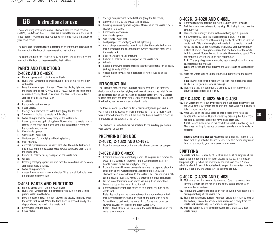 4948_bw.p1.pdf, Instructions for use, C-403l parts and functions | Introduction, Emptying | Thetford C403L Cassette User Manual | Page 2 / 26