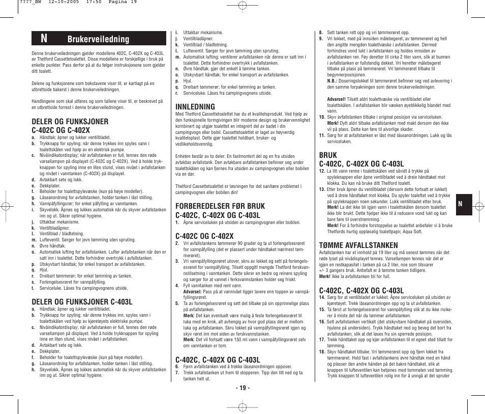 4948_bw.p19.pdf, Brukerveiledning, Deler og funksjoner c-403l | Innledning, Tømme avfallstanken | Thetford C403L Cassette User Manual | Page 20 / 26