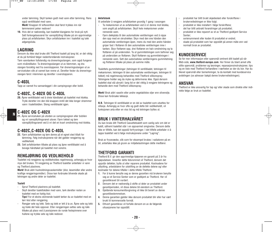 4948_bw.p20.pdf, Lagring, C-403l | Rengjøring og vedlikehold, Bruk i vinterhalvåret, Thetford garanti, Kundeservice, Ansvar | Thetford C403L Cassette User Manual | Page 21 / 26
