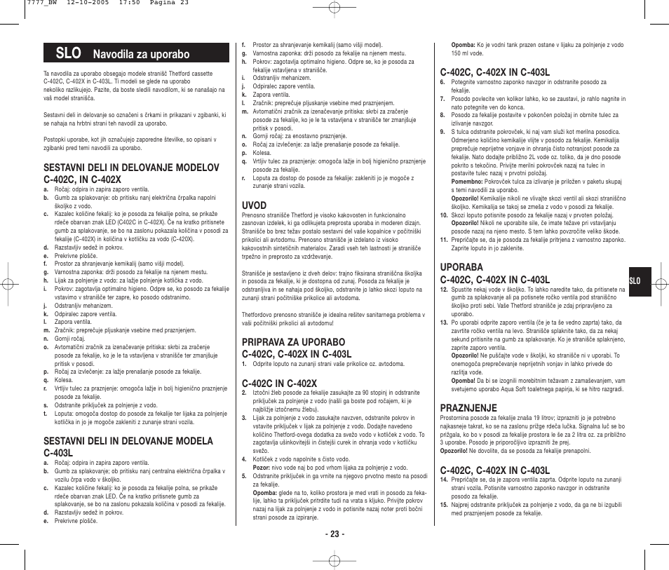 4948_bw.p23.pdf, Navodila za uporabo, Sestavni deli in delovanje modela c-403l | Uvod, Praznjenje | Thetford C403L Cassette User Manual | Page 24 / 26
