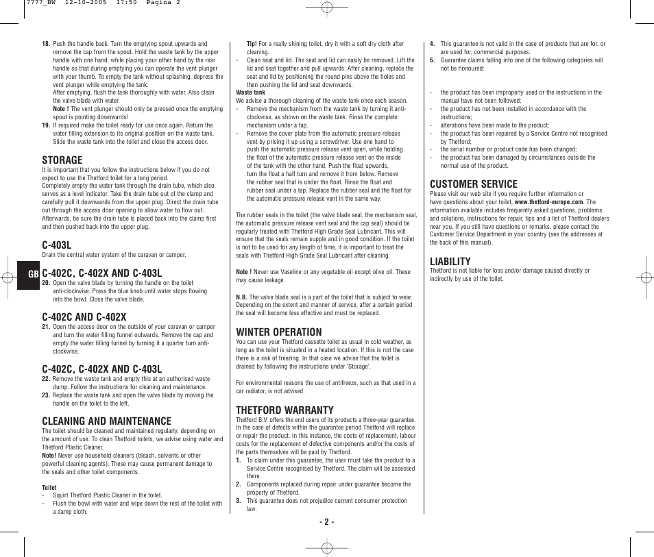 4948_bw.p2.pdf, Storage, C-403l | Cleaning and maintenance, Winter operation, Thetford warranty, Customer service, Liability | Thetford C403L Cassette User Manual | Page 3 / 26