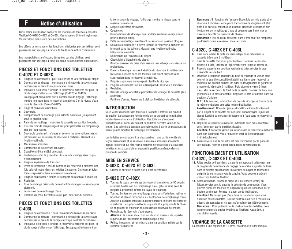 4948_bw.p3.pdf, Notice d’utilisation, Pieces et fonctions des toilettes c-403l | Introduction, Vidange de la cassette | Thetford C403L Cassette User Manual | Page 4 / 26