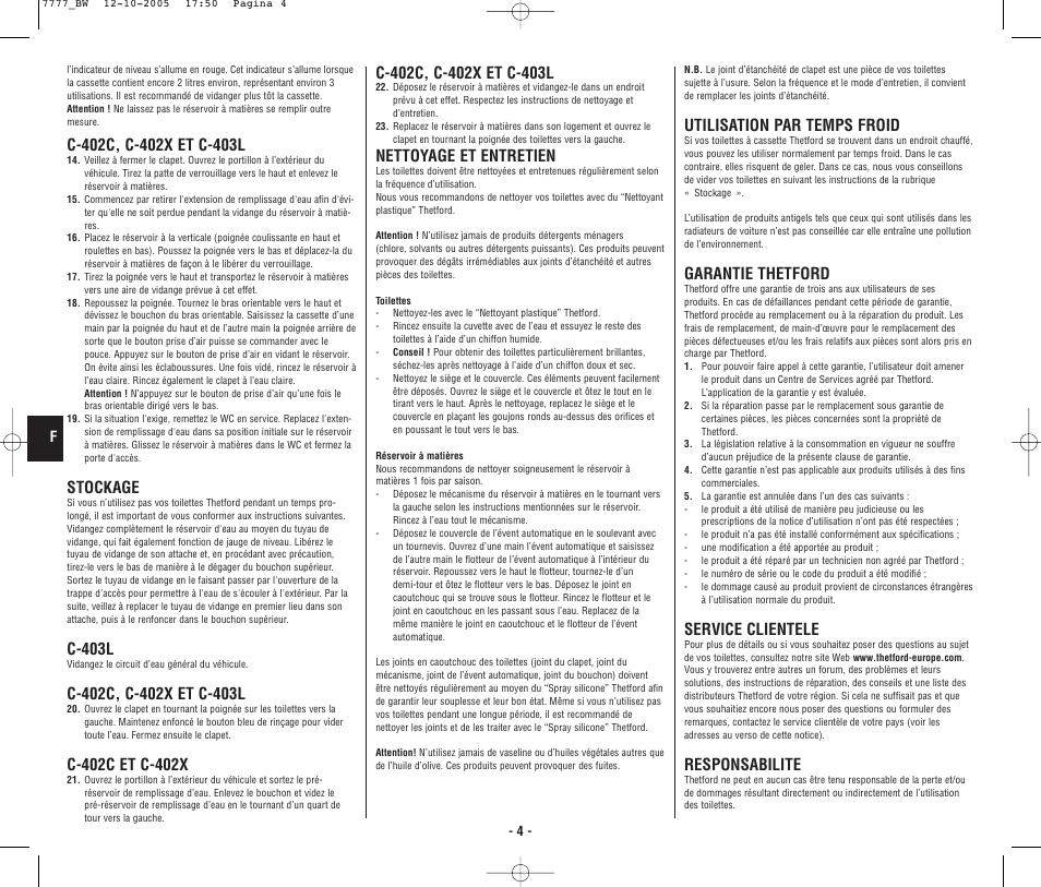 4948_bw.p4.pdf, Stockage, C-403l | Nettoyage et entretien, Utilisation par temps froid, Garantie thetford, Service clientele, Responsabilite | Thetford C403L Cassette User Manual | Page 5 / 26