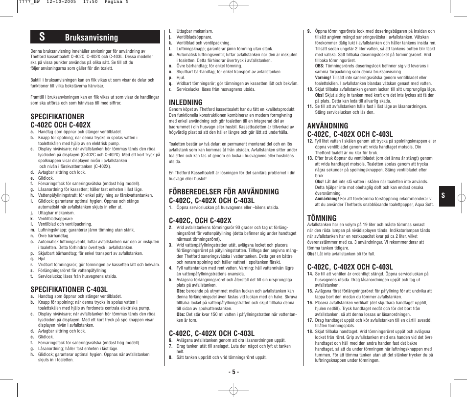 4948_bw.p5.pdf, Bruksanvisning, Specifikationer c-403l | Inledning, Tömning | Thetford C403L Cassette User Manual | Page 6 / 26