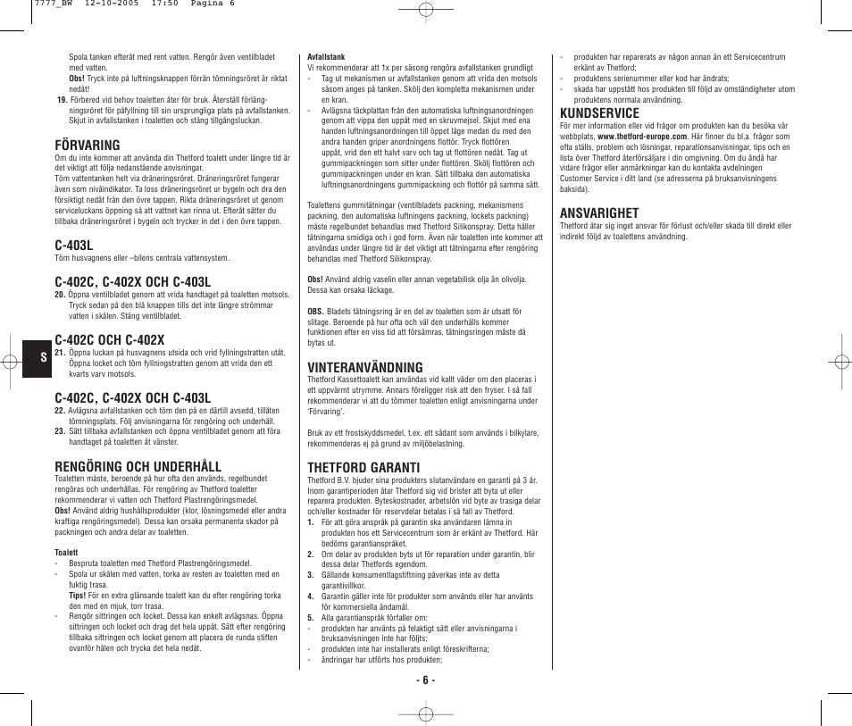 4948_bw.p6.pdf, Förvaring, C-403l | Rengöring och underhåll, Vinteranvändning, Thetford garanti, Kundservice, Ansvarighet | Thetford C403L Cassette User Manual | Page 7 / 26
