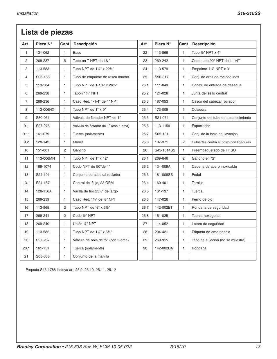 Lista de piezas | Bradley Smoker S19-310SS User Manual | Page 13 / 13