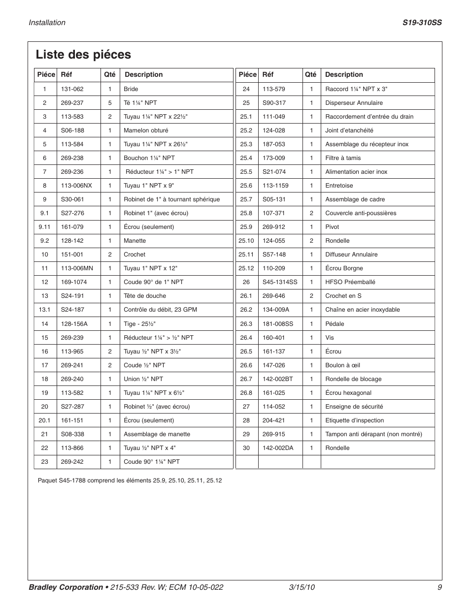 Liste des piéces | Bradley Smoker S19-310SS User Manual | Page 9 / 13