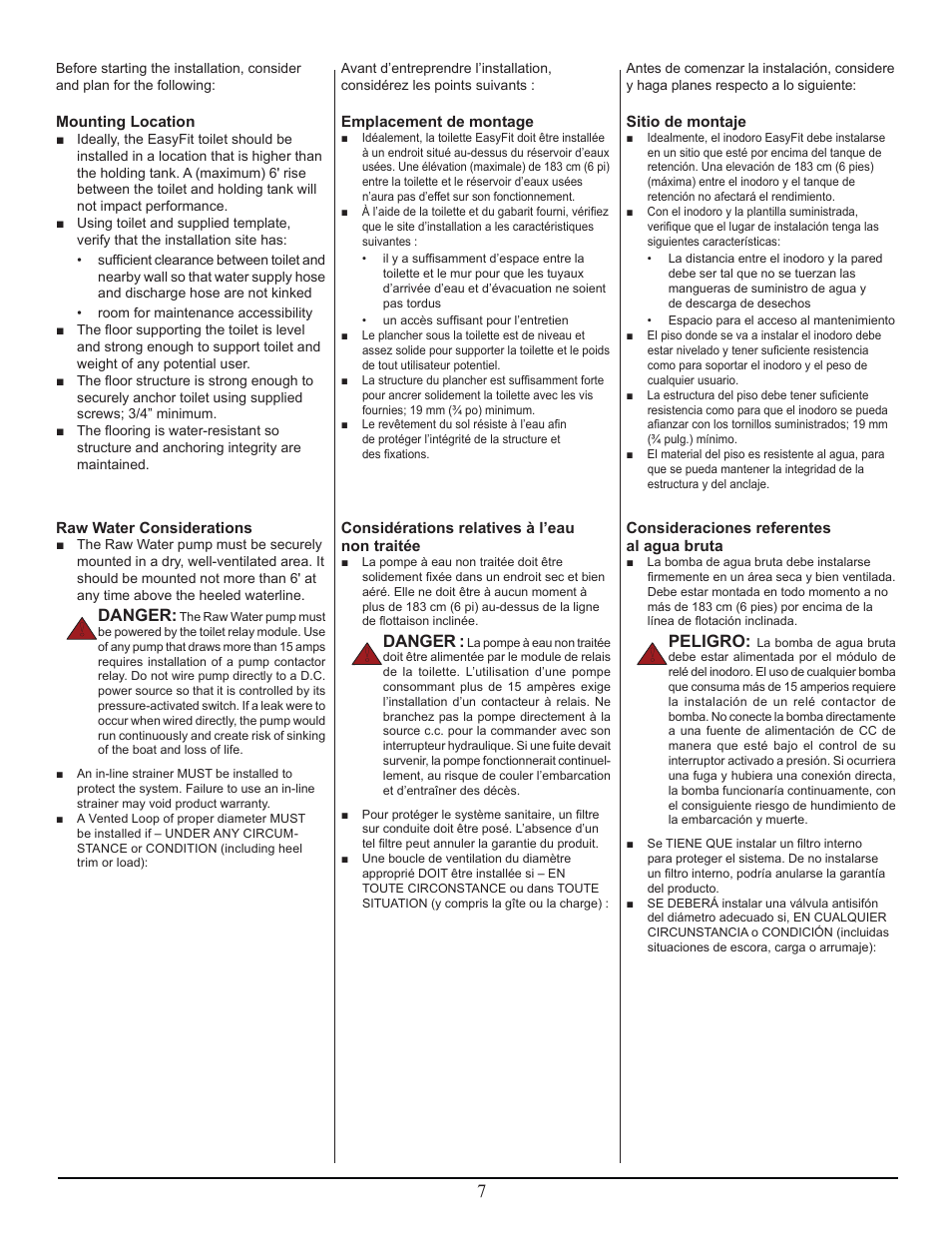 Danger, Peligro | Thetford Tecma Easy Fit User Manual | Page 7 / 28