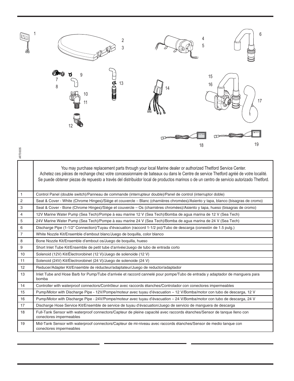 Parts/pièces/repuestos, Warranty, Garantie | Garantía | Thetford Tecma Silence Plus(Marine) Owners Manual User Manual | Page 8 / 9