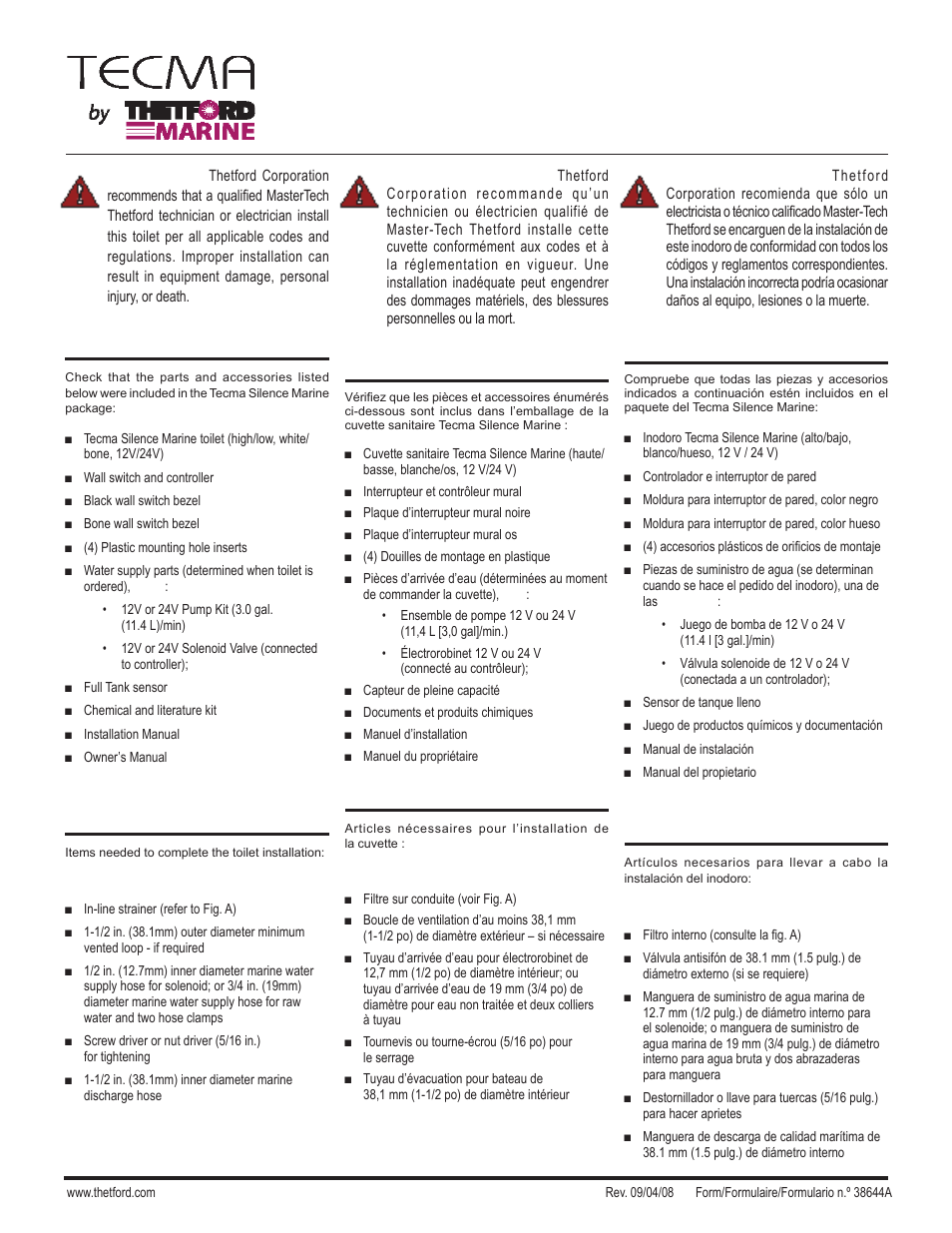 Thetford Tecma Silence Plus(Marine) Installation Manual User Manual | 14 pages