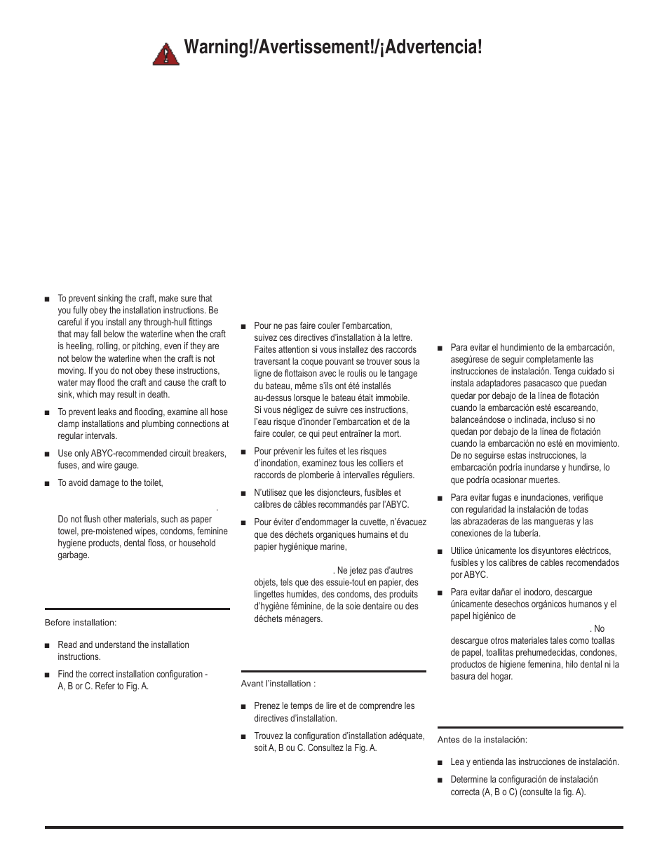 Warning!/avertissement!/¡advertencia, Before installation, Avant l’installation | Antes de la instalación | Thetford Tecma Silence Plus(Marine) Installation Manual User Manual | Page 4 / 14