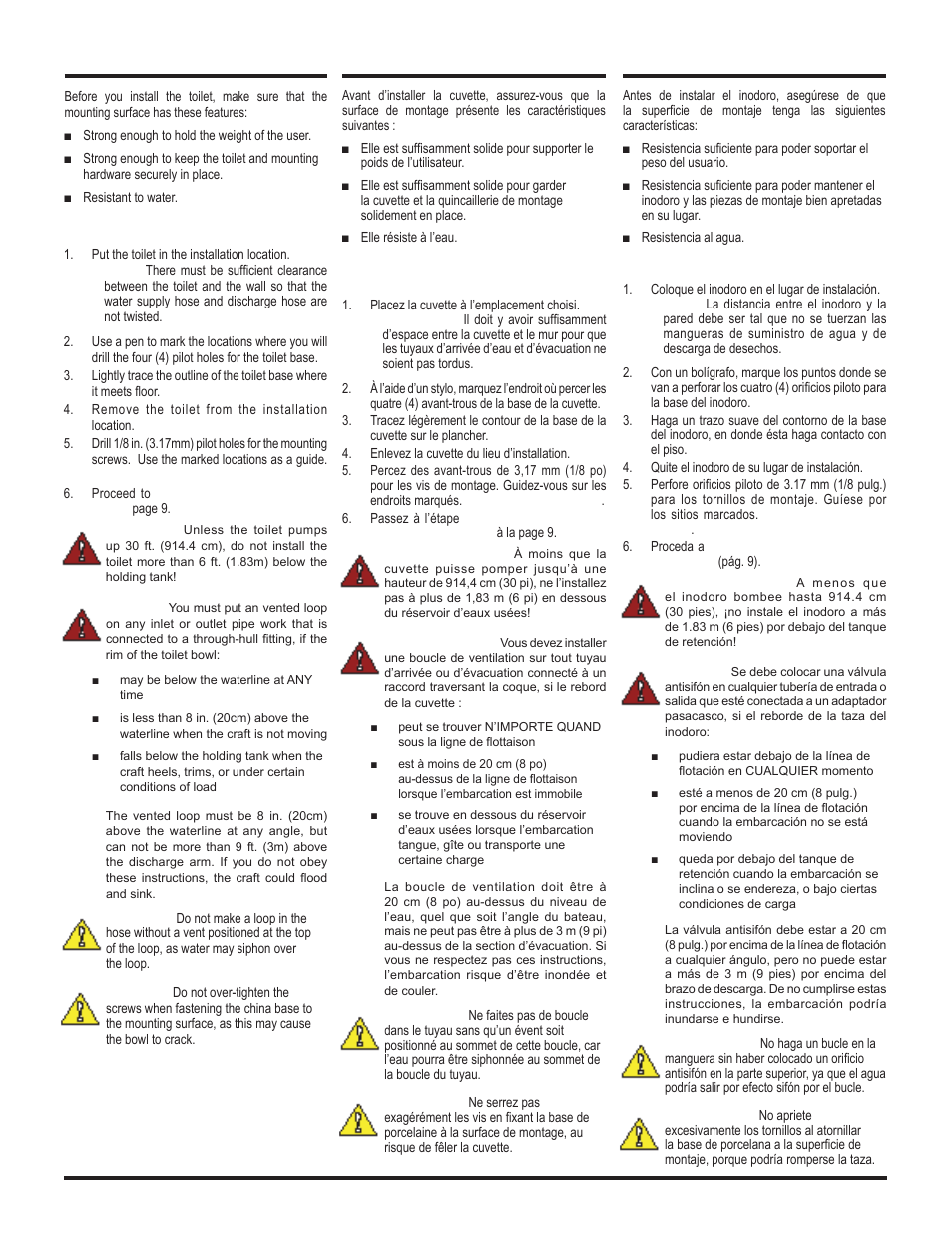 8toilet installation, Installation de la cuvette, Instalación del inodoro | Thetford Tecma Silence Plus(Marine) Installation Manual User Manual | Page 8 / 14