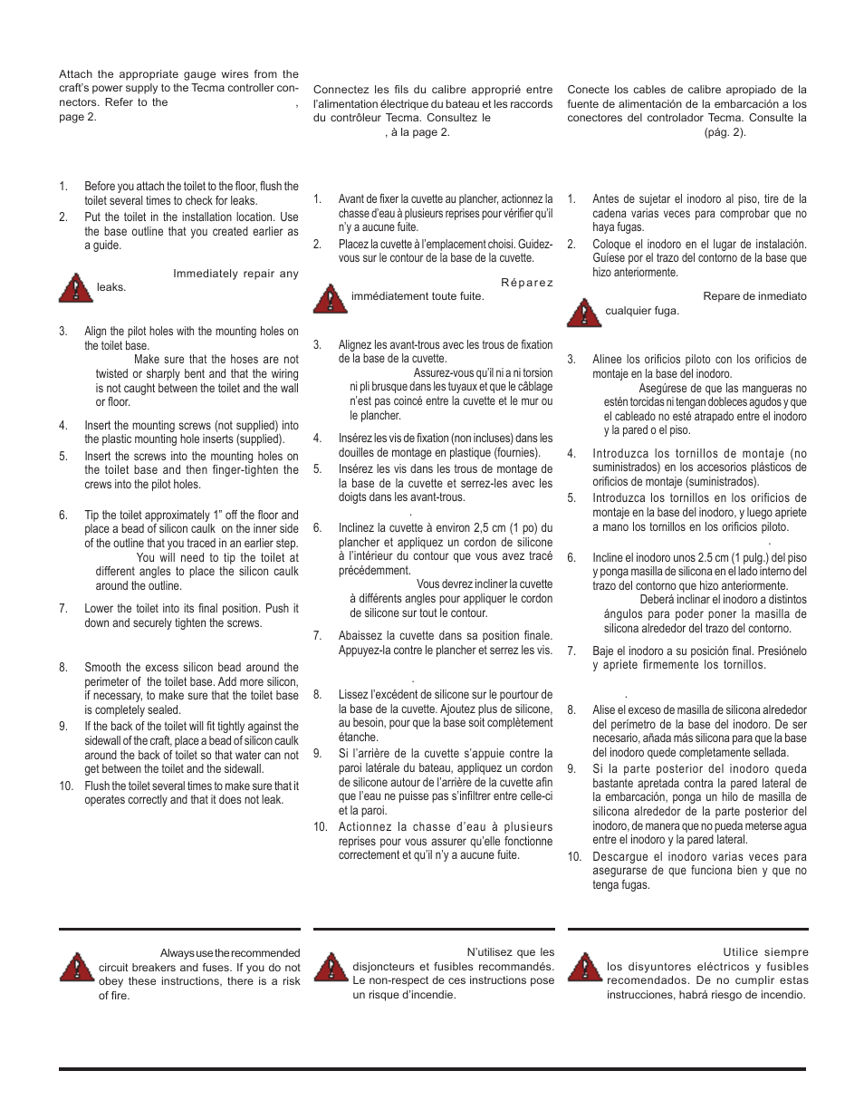 Electrical, Électricité, Especifi caciones eléctricas | Thetford Tecma Silence Plus(Marine) Installation Manual User Manual | Page 9 / 14