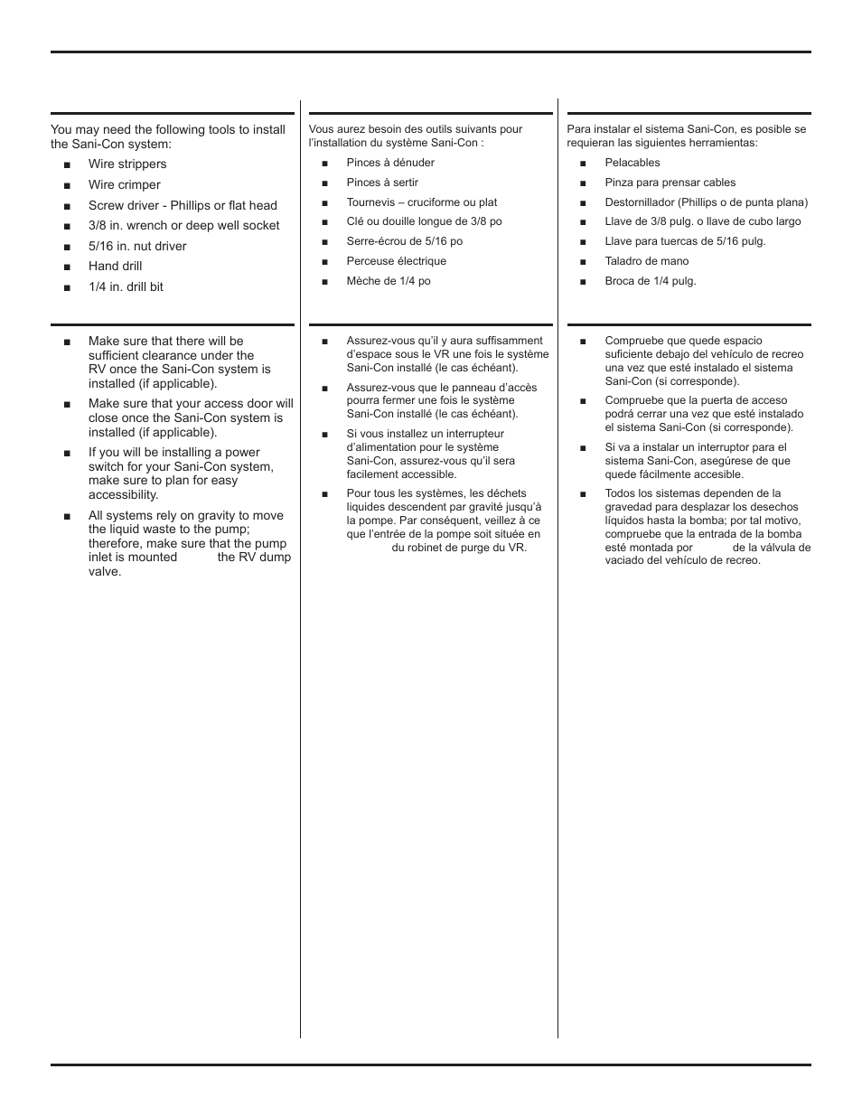 Installation/installation/instalación, Tools, Herramientas | Outils, General guidelines, Pautas generales, Directives générales | Thetford SaniConTri User Manual | Page 3 / 14