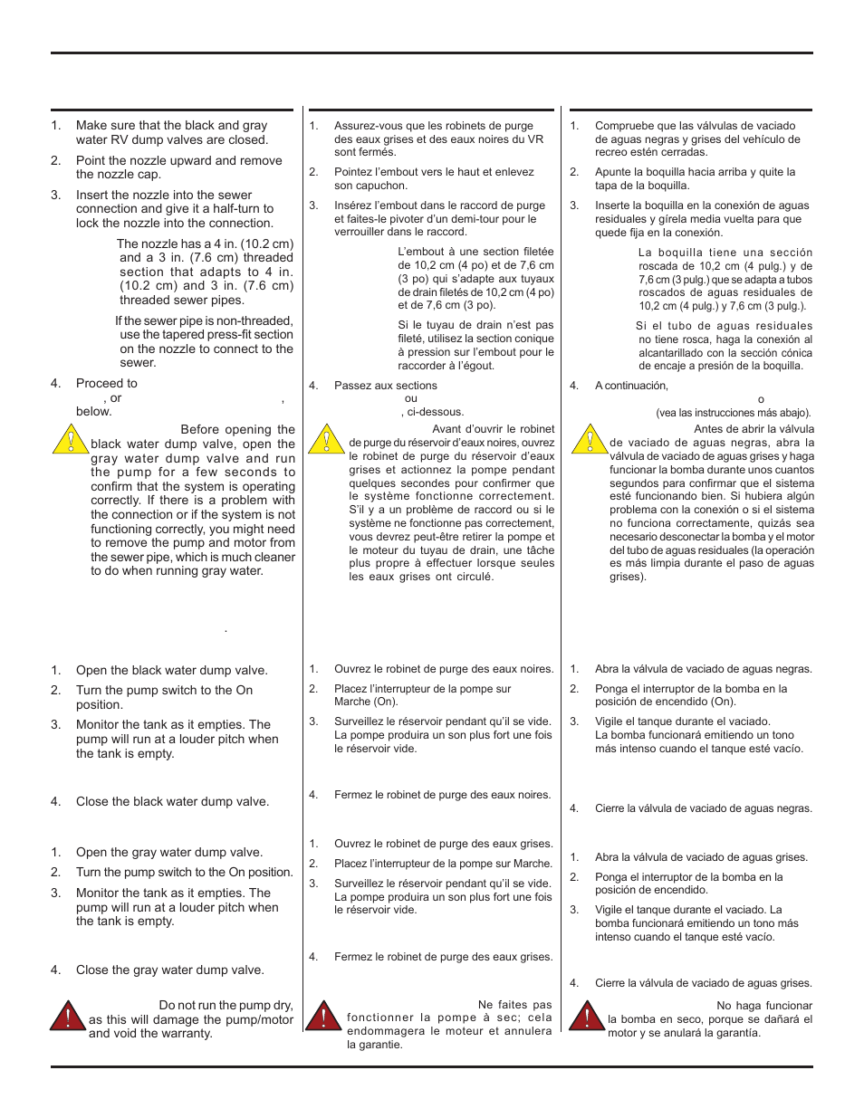 Operation/fonctionnement/funcionamiento, Para vaciar los tanques, Pour vider les réservoirs | Thetford SaniConTri User Manual | Page 7 / 14