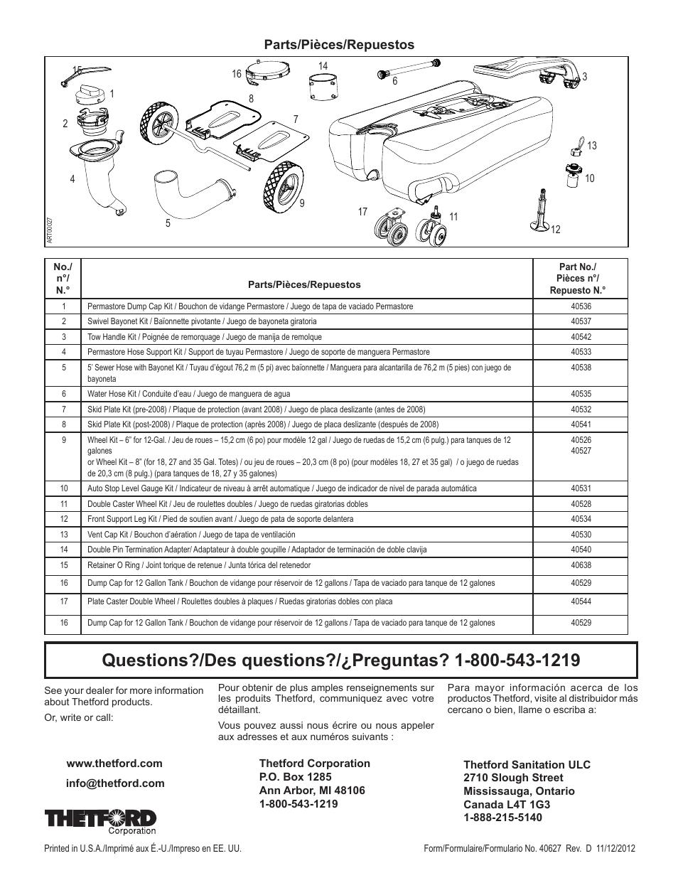 Parts/pièces/repuestos | Thetford SmartTotes User Manual | Page 4 / 4