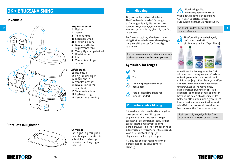 Dk • brugsanvisning, Symboler, der bruges, Hoveddele | Dit toilets muligheder | Thetford Porta Potti Excellence User Manual | Page 14 / 71