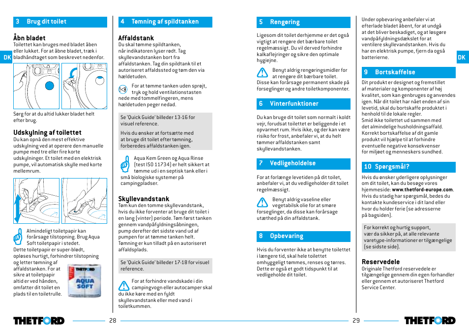 Reservedele, Åbn bladet, Udskylning af toilettet | Affaldstank, Skyllevandstank | Thetford Porta Potti Excellence User Manual | Page 15 / 71