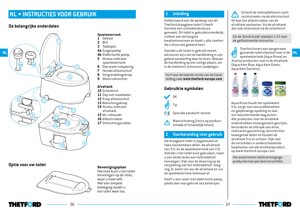 Nl • instructies voor gebruik, De belangrijke onderdelen, Optie voor uw toilet | Gebruikte symbolen | Thetford Porta Potti Excellence User Manual | Page 19 / 71