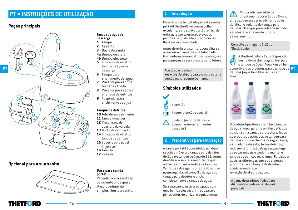 Pt • instruções de utilização, Símbolos utilizados, Peças principais | Opcional para a sua sanita | Thetford Porta Potti Excellence User Manual | Page 24 / 71