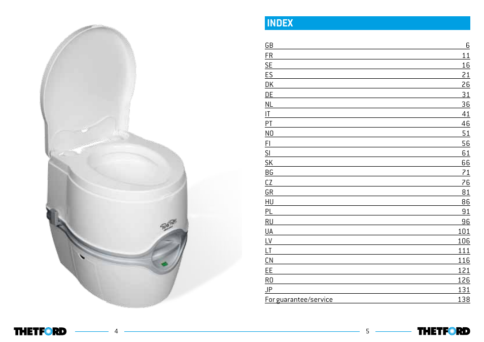 Index | Thetford Porta Potti Excellence User Manual | Page 3 / 71