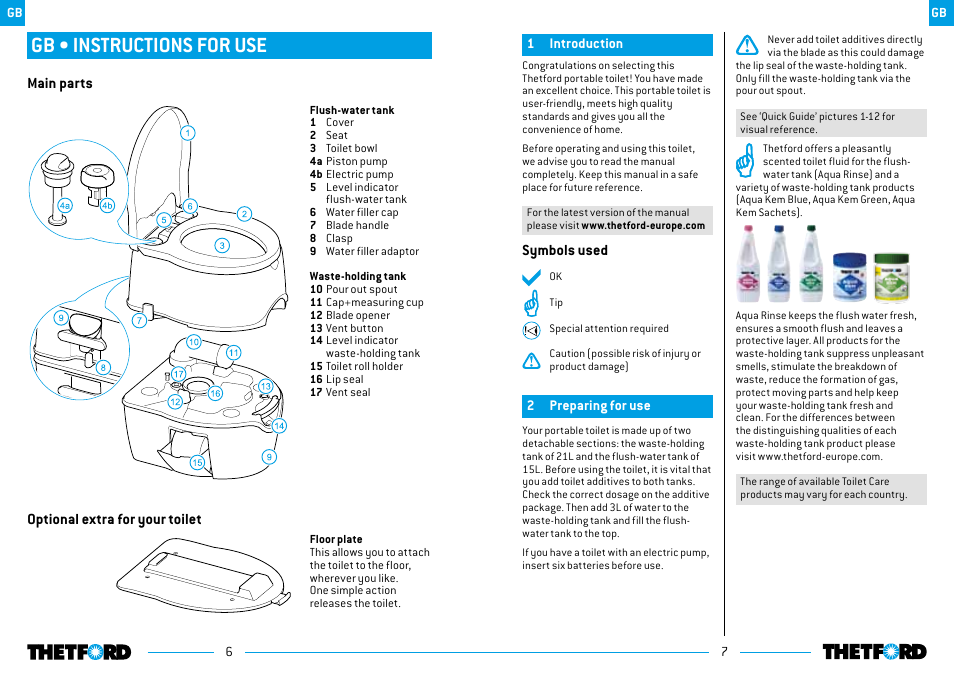 Gb • instructions for use, Symbols used, Main parts | Optional extra for your toilet | Thetford Porta Potti Excellence User Manual | Page 4 / 71