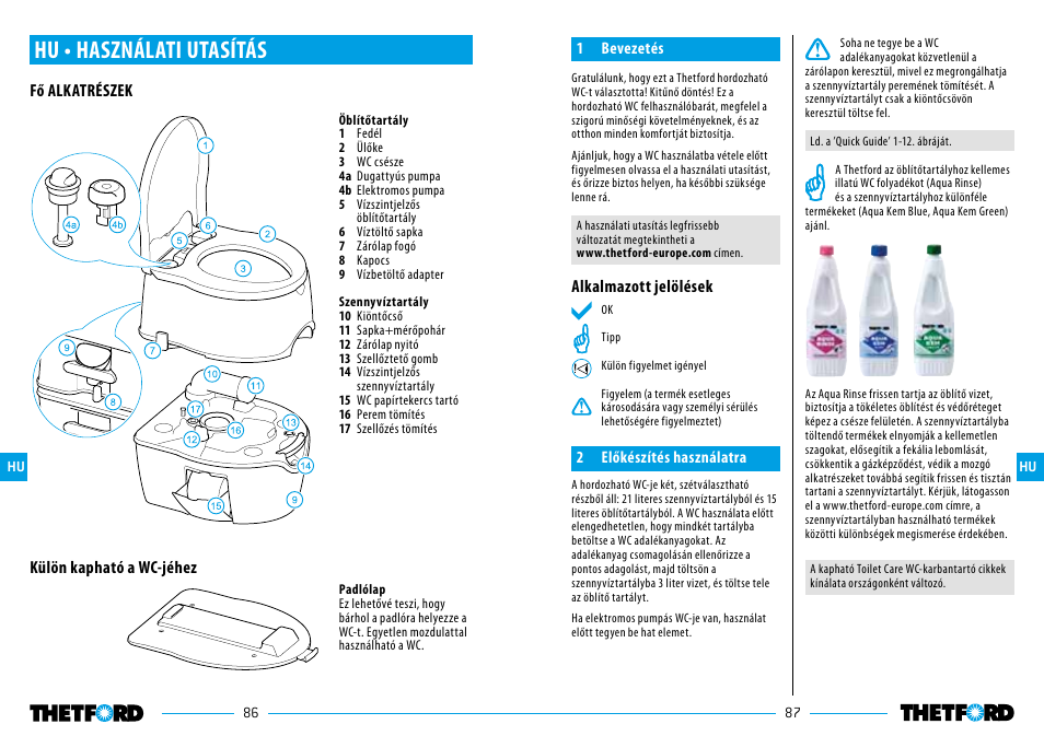 Hu • használati utasítás, Alkalmazott jelölések, Külön kapható a wc-jéhez fő alkatrészek | Thetford Porta Potti Excellence User Manual | Page 44 / 71