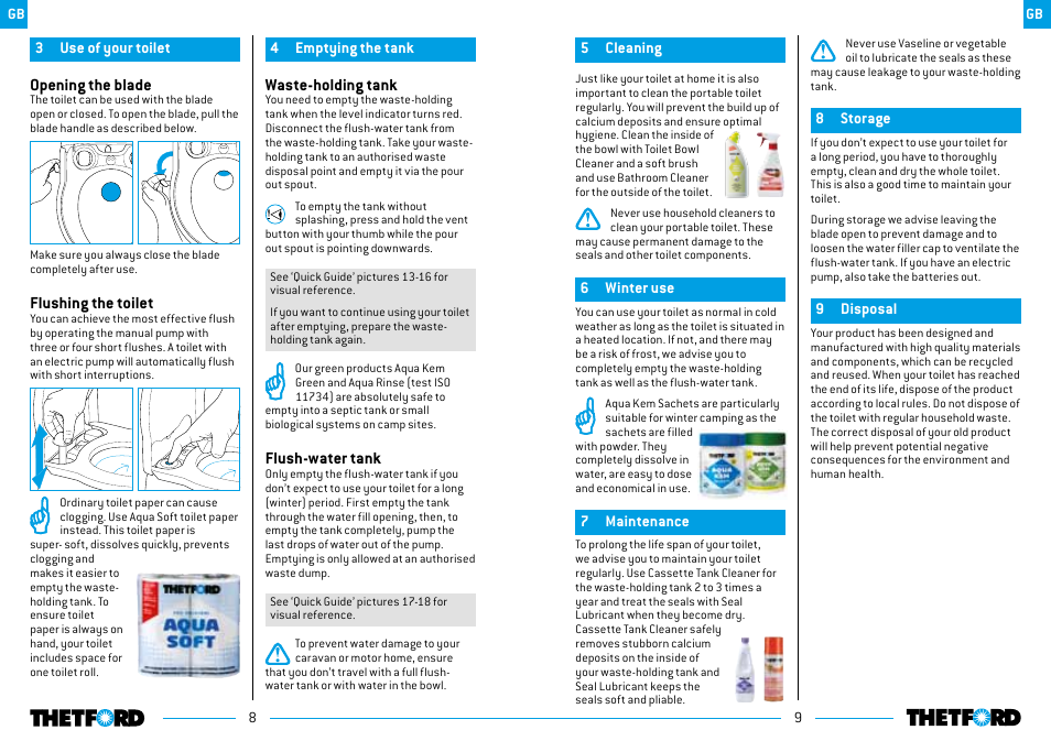 Opening the blade, Flushing the toilet, Waste-holding tank | Flush-water tank | Thetford Porta Potti Excellence User Manual | Page 5 / 71