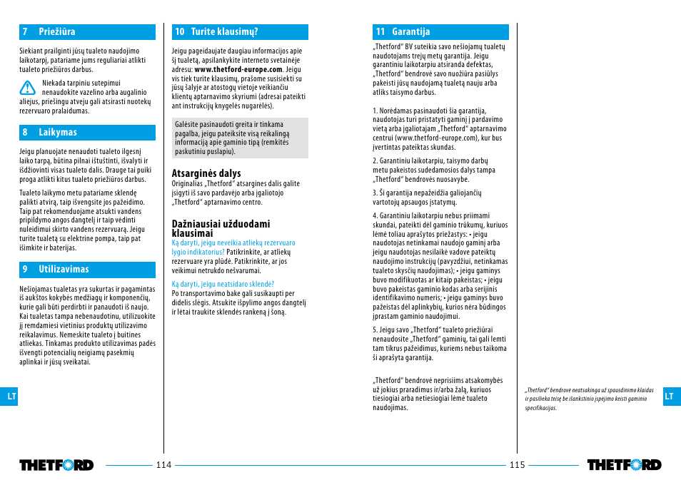 Atsarginės dalys, Dažniausiai užduodami klausimai | Thetford Porta Potti Excellence User Manual | Page 58 / 71