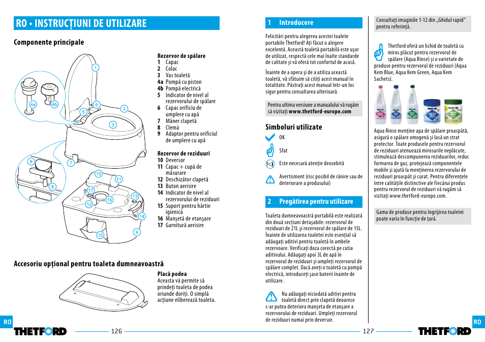 Ro • instrucţiuni de utilizare, Simboluri utilizate | Thetford Porta Potti Excellence User Manual | Page 64 / 71