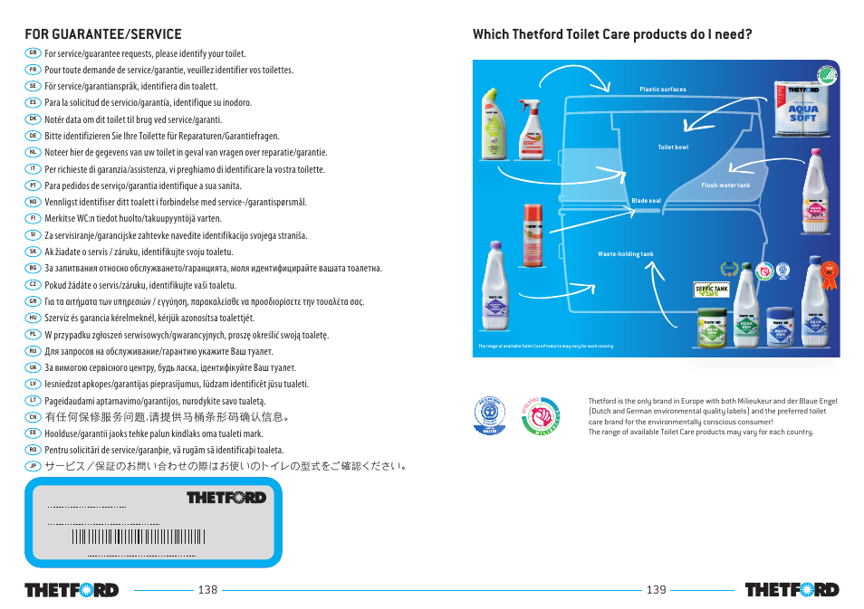 For guarantee/service, Which thetford toilet care products do i need | Thetford Porta Potti Excellence User Manual | Page 70 / 71