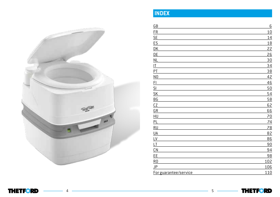 Index | Thetford 335 Porta Potti Qube User Manual | Page 3 / 57