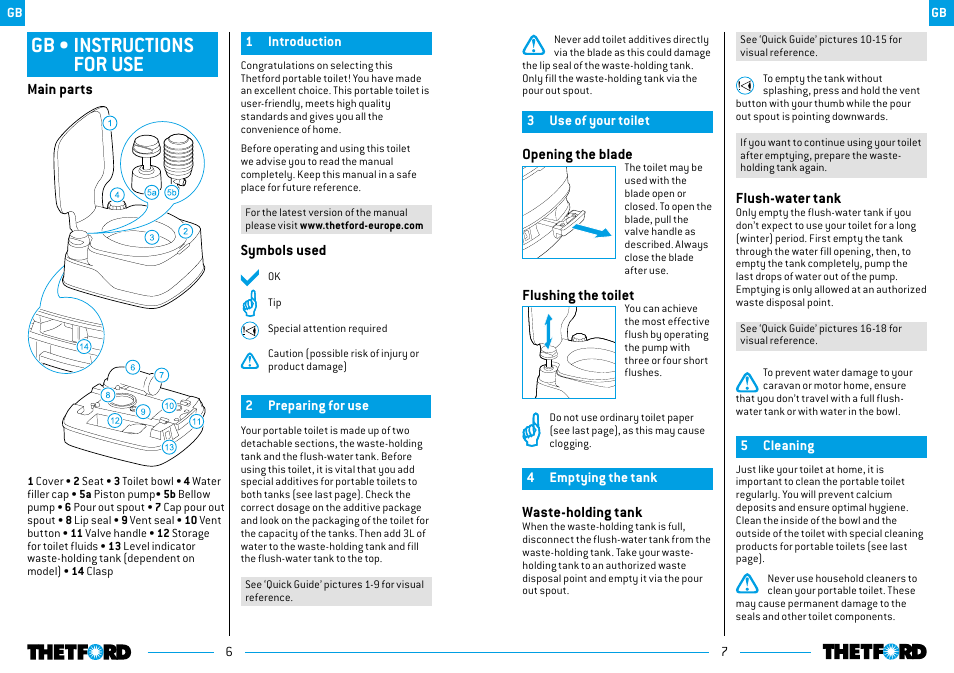 Gb • instructions for use | Thetford 335 Porta Potti Qube User Manual | Page 4 / 57