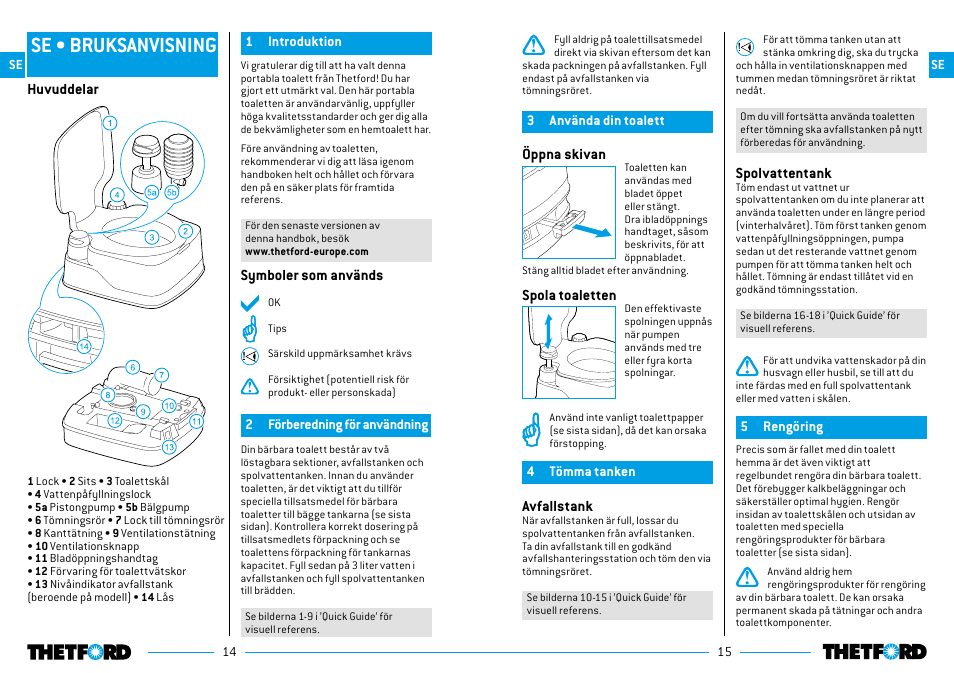 Se • bruksanvisning, Öppna skivan, Spola toaletten | Avfallstank, Spolvattentank, Symboler som används, Huvuddelar | Thetford 335 Porta Potti Qube User Manual | Page 8 / 57