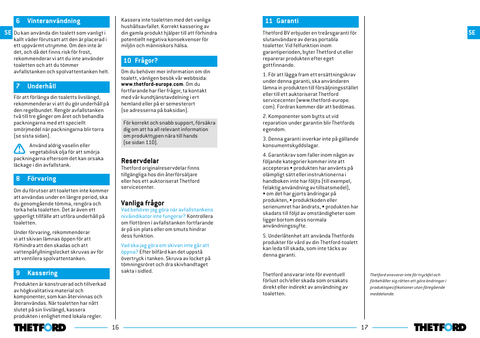 Reservdelar, Vanliga frågor | Thetford 335 Porta Potti Qube User Manual | Page 9 / 57