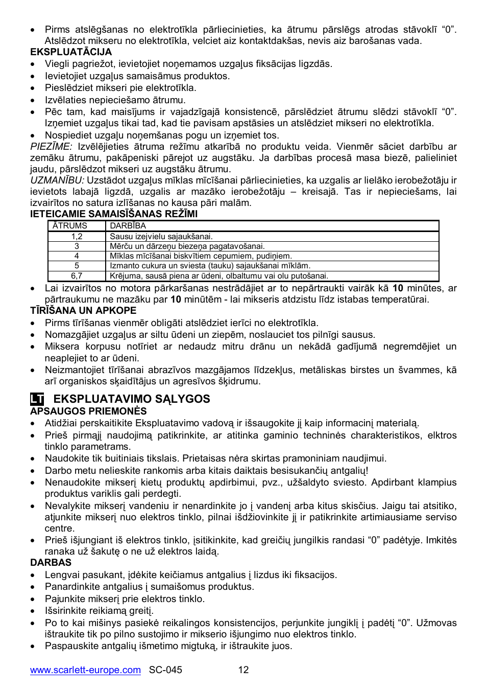 Lt ekspluatavimo s lygos | Scarlett SC-045 User Manual | Page 12 / 16