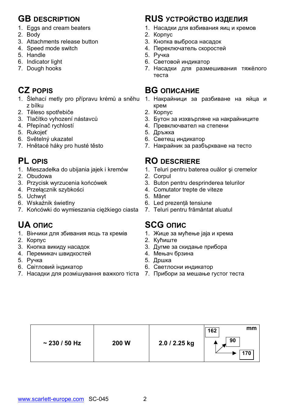 Ua scg | Scarlett SC-045 User Manual | Page 2 / 16