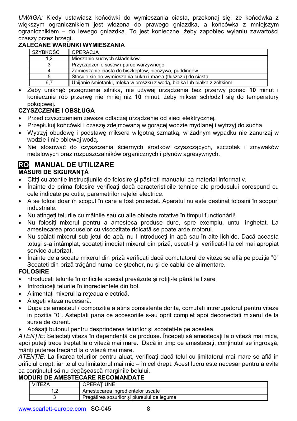 Ro manual de utilizare | Scarlett SC-045 User Manual | Page 8 / 16