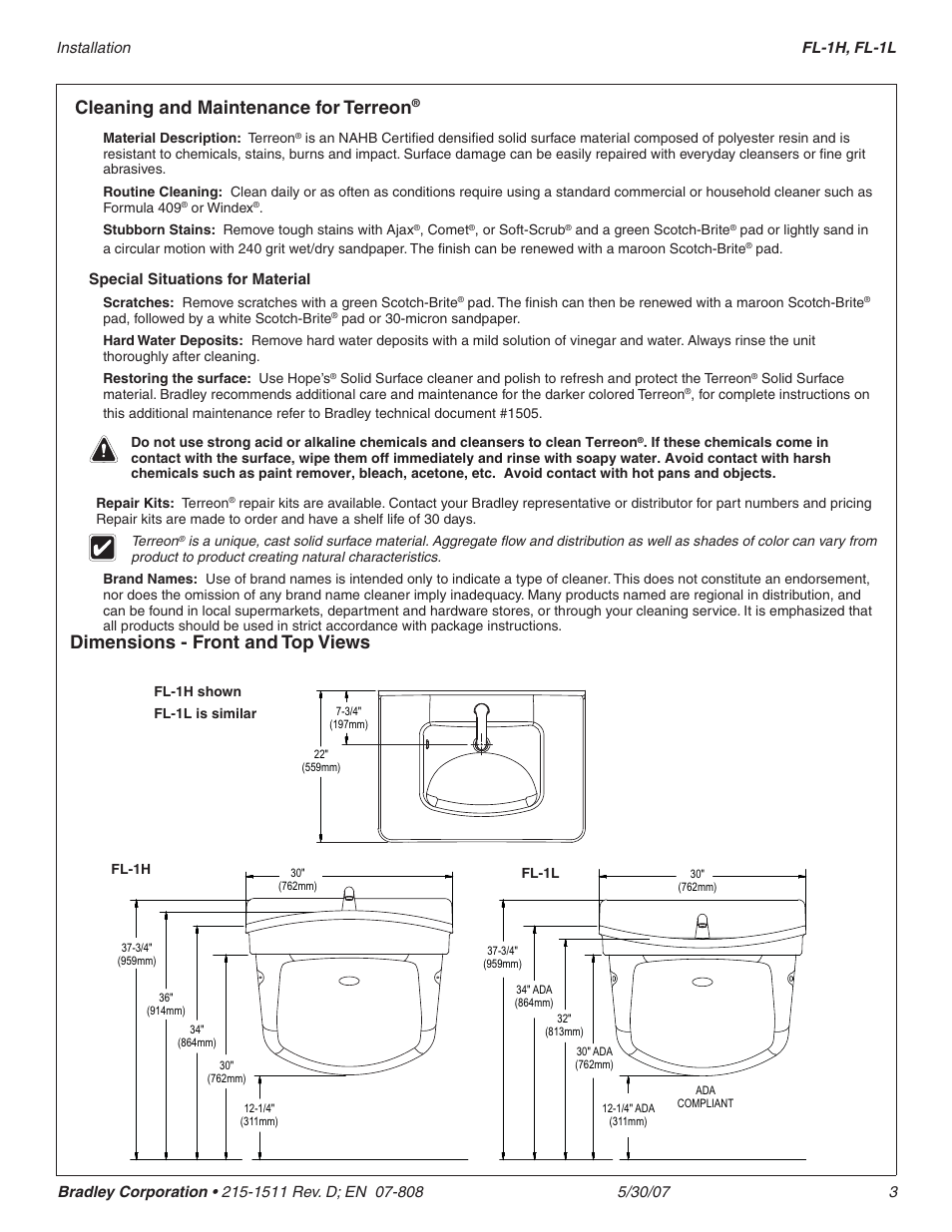 Cleaning and maintenance for terreon, Dimensions - front and top views | Bradley Smoker FREQUENCY FL-1H User Manual | Page 3 / 8