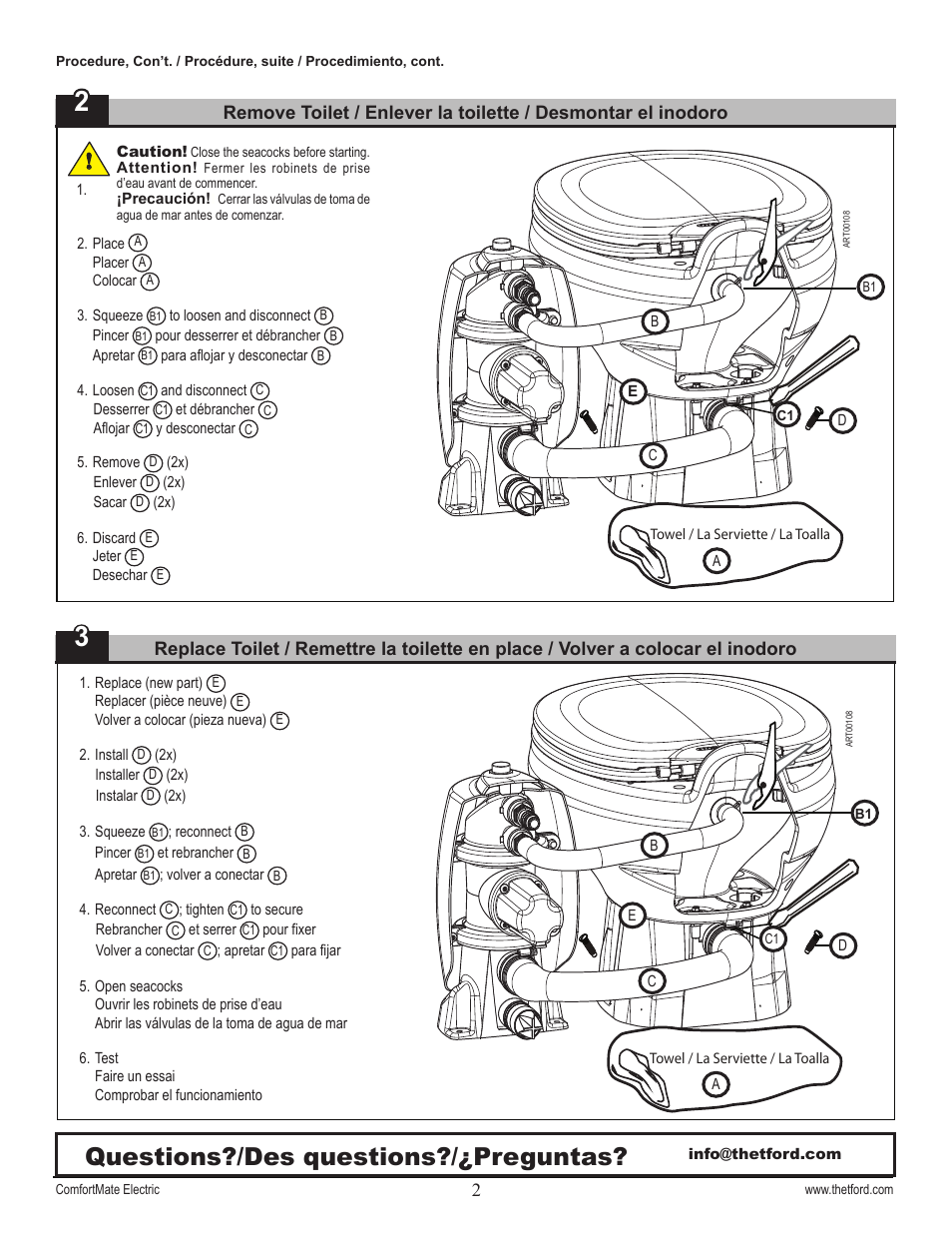 Questions?/des questions?/¿preguntas | Thetford 41196A Base & Bowl User Manual | Page 2 / 2