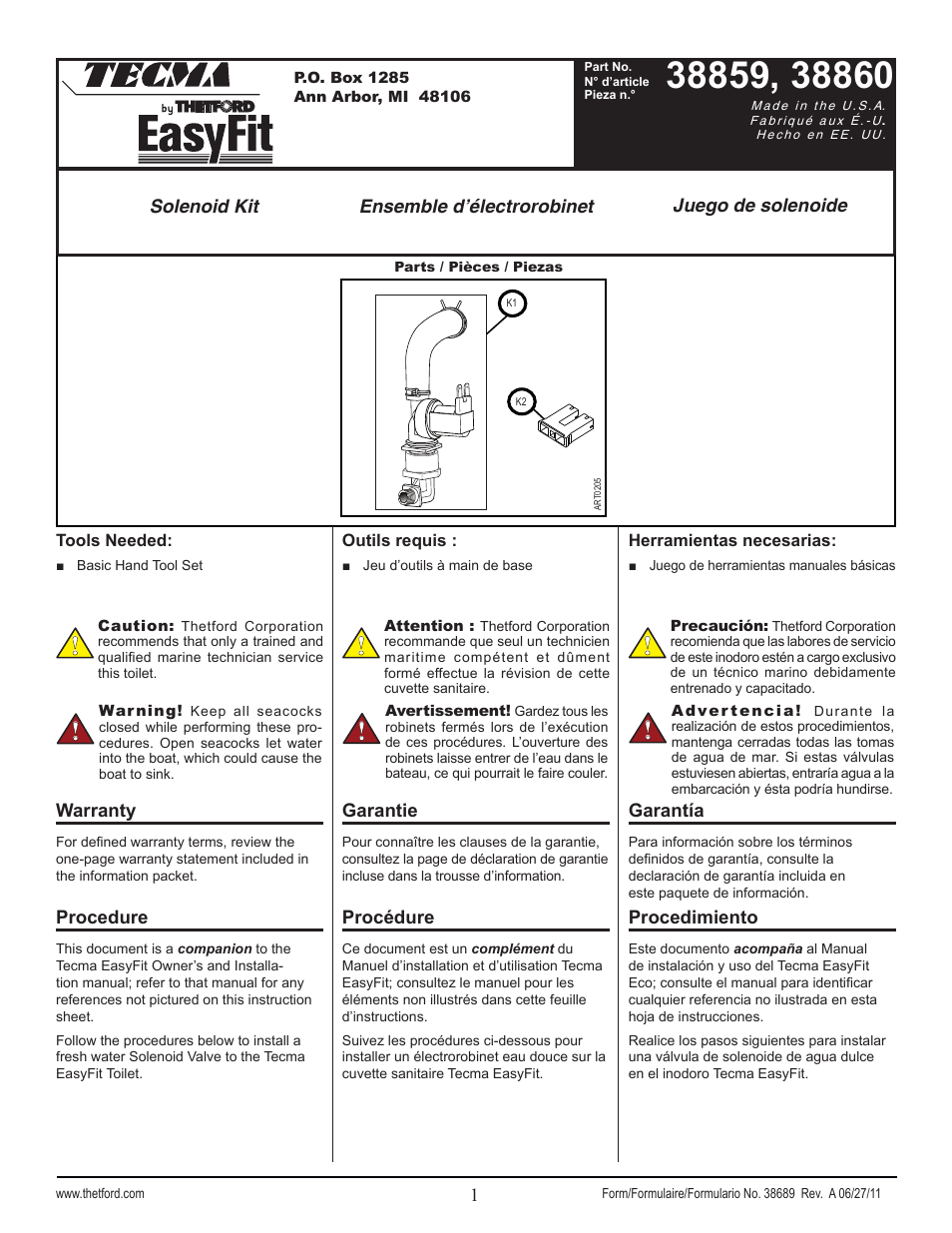 Thetford 38860 Solenoid Kit User Manual | 2 pages